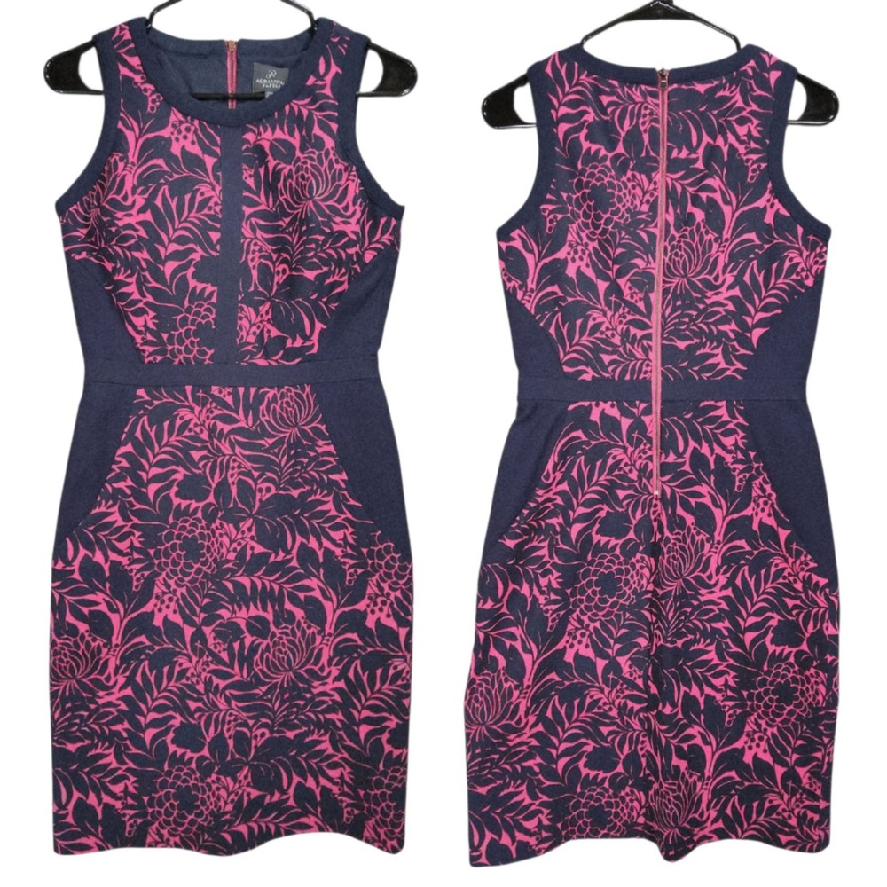 Adrianna Papell Dress Women 2 Navy Pink Floral Sheath Sleeveless Zip Back Office